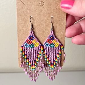 Handmade Glass Seed Bead Earrings Boho Hippie Lavender Floral Southwest Ethnic